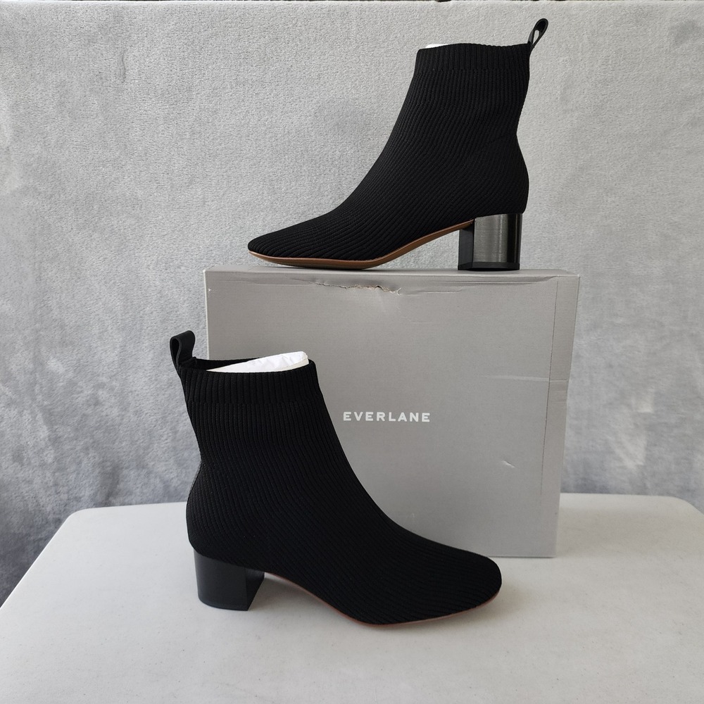 Everlane Boots Womens Size 7.5 Glove Black Sock Knit Leather Trim Block Heel NIB